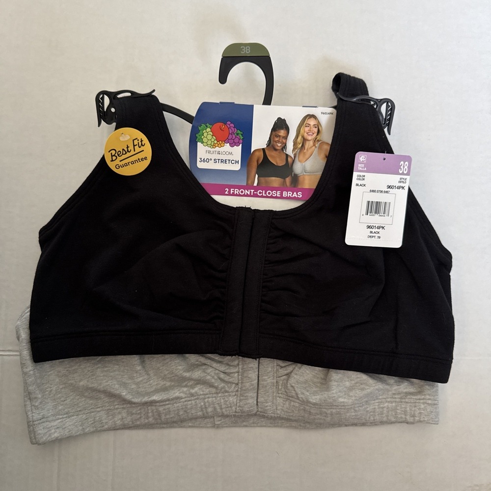 Fruit Of The Loom 360 Stretch Front Close Bra Black & Gray Size 38